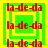 Four identical square display red 'la-de-da' text on green backgrounds with yellow borders, arranged in a