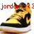 Pixelated image of a yellow and black athletic shoe with red text above it reading "jordansz" on a white background.