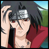 A character with black hair and red eyes wears a silver headband with a metal plate, red cloak, and silver necklace, holding a black phone to their ear.