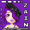 Pixelated character with purple hair and black topknot, pink eyes, blue lips, green straps on shoulders, standing against solid purple background.