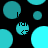 Pixelated cyan circles and partial shapes on black background with small cyan text fragments.