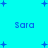 Pixelated blue text 'Sara' appears multiple times on a cyan background with scattered blue plus signs, no visible animation changes.