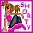 Pixel art animation of a cartoon woman in pink top and dark shorts with the word 'SHORTY' displayed around her, showing frame-by-frame text changes.