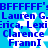 Blue background with white snowflakes and repeated blue text listing names including Lauren G., Lexi, Clarence, Franni.