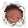 Two side-by-side circular torn-paper frames show a brown eye transitioning from closed to open with visible eyelid and iris details.