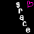 Pixelated white text 'grace' arranged vertically on both sides of a pink heart symbol against black background.
