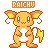 Animated contact sheet of 18 pixel art frames showing a yellow Pokémon-like creature with white belly, blue eyes, and lightning-shaped tail performing subtle motion cycles against starry background.