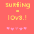 Pixelated yellow text on coral background reads 'surfing = love.!' with pink asterisks below, animated to shift position.