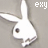A white rabbit-shaped icon with a single dark eye, positioned against a gray background, displays text changes