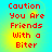 Red pixelated text reads "Caution You Are Friends With a Biter" on a gradient background shifting from cyan to yellow.