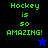 Green pixelated text 'Hockey is so AMAZING!' on black and blue backgrounds with a star symbol below the text.