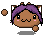 Pixel art character with purple hair and cat ears, brown skin, pink cheeks, black eyes, and a small mouth in four sequential poses showing arm movement.