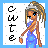 Pixel art of a character with light brown hair in a high ponytail, wearing a blue dress and silver headband, standing against a white background with 'cute' text.