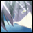 Pixelated anime-style character with long purple hair and blue eyes, set against a light blue and white background with a black right containing text