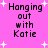 Pixelated text "Hanging out with Katie" on a pink background with white star shapes, displayed in four identical