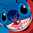 Pixelated blue cartoon character with large black eyes, pink inner mouth, and red accents on a blue background.