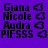 Purple background with black text listing names and a heart symbol, alternating pink horizontal bars