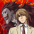 Two figures with distinct hairstyles and clothing stand against a red-orange gradient background, one in light attire with a dark tie, the other in darker tones.