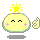 Pixelated yellow circular character with closed eyes, pink cheek marks, and a green outline; two versions show different mouth shapes and hand gestures.