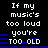 Pixelated text displays 'If my music's too loud you're too old' with blue audio waveforms on black background, repeated in two vertical