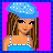 Pixelated character with brown hair wearing blue headband and top, standing against bright pink background.