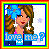 Pixelated icon of a woman with brown hair and red lips, wearing pink top, blue background with stars, text 'love me?' at bottom.