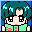 Pixel art character with teal hair and green shirt, showing mouth movements across frames.