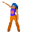 Pixelated character with blue hair and purple top performing sequential dance poses against gray background.