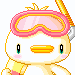 Pixel art character with pink goggles, yellow beak, and snorkel in multiple expressions including closed eyes, open mouth, and blinking.