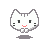 Pixelated white cat head with gray stripes, black eyes, pink mouth, and small gray paws, shown in multiple expressions and poses against a gray background.