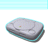 A gray console with a circular disc slot and four buttons, shown in multiple rotating poses with a cyan outline and shadow on white background.