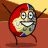 Animated character with red, blue, and yellow patterned body stands on brown legs against a two-tone background.