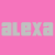 A split-screen image with 'alexa' text on pink and gray backgrounds, showing two color variations of the same pixelated font.