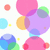 Pixelated abstract composition of overlapping colored circles in pink, purple, blue, green, orange, and cyan on white background with small yellow dots.