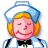 Pixelated cartoon nurse with blonde hair, blue cap, white coat, black bow tie; eyes alternate between closed and open states.