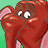 Pixelated red cartoon character with large white eyes, pink inner ears, and a green background.