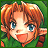 Pixelated anime-style character icon with green background and adjacent text on black background, part of an animated contact sheet.