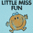 Pixelated orange character with blue bow, smiling face, and raised arms on light blue background; text "LITTLE MISS FUN" above and "PARTAY!!" below.