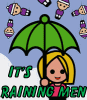Pixel art buddy icon showing a blonde woman holding a green umbrella with multiple smaller versions of the same character floating around her against a light blue sky background, with text reading "IT'S RAINING MEN" in green block letters below.