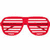 Six pairs of shutter shades in red, peach, blue, pink, green, and purple arranged in two on a white background