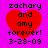 Pixelated red heart on bright pink background with black text reading "zachary and amy forever! 3-28-09" in four identical