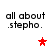 Pixelated text 'all about .stepho.' appears in four quadrants with red and pink star icons in the center and bottom-right positions.