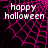 Pixelated 'happy halloween' text over pink web pattern on black background with gray