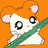 Pixelated hamster with orange hair and white body holding green bamboo, large black eyes on orange background.