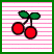 Pixelated cherry icon with two red fruits, green leaves, and a striped pink-and-white background.