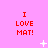 A pink background displays nine identical red text blocks reading "I LOVE MAT!" with scattered white pixelated stars and plus signs. The text and background remain static across all frames. The text is rendered in a bold, pixelated font with no visible animation or variation between frames. The background is a solid pink color with no gradients or patterns. The white symbols are scattered across the background, appearing as small, pixelated shapes. The overall composition is a of three and three of text blocks, with the symbols distributed throughout the space between the text blocks. The image has a retro, pixelated aesthetic typical of early digital graphics. The text is centered within each block, and the symbols are randomly placed. The image does not contain any non