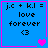 Blue square with pink border containing text 'j.c + k.l = love forever <3' and animated heart symbols.