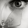Black-and-white close-up of a human eye with a translucent wing-like shape overlaying the lower portion, featuring scattered light dots.