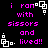 Pixelated text reads 'i ran with scissors and lived!!' in bright pink on black, accompanied by white geometric shapes. The image is a static composition of repeated text elements.
