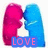 Two stylized figures in pink and blue embrace with closed eyes, a white star between them, over a blue rectangle containing the word LOVE.